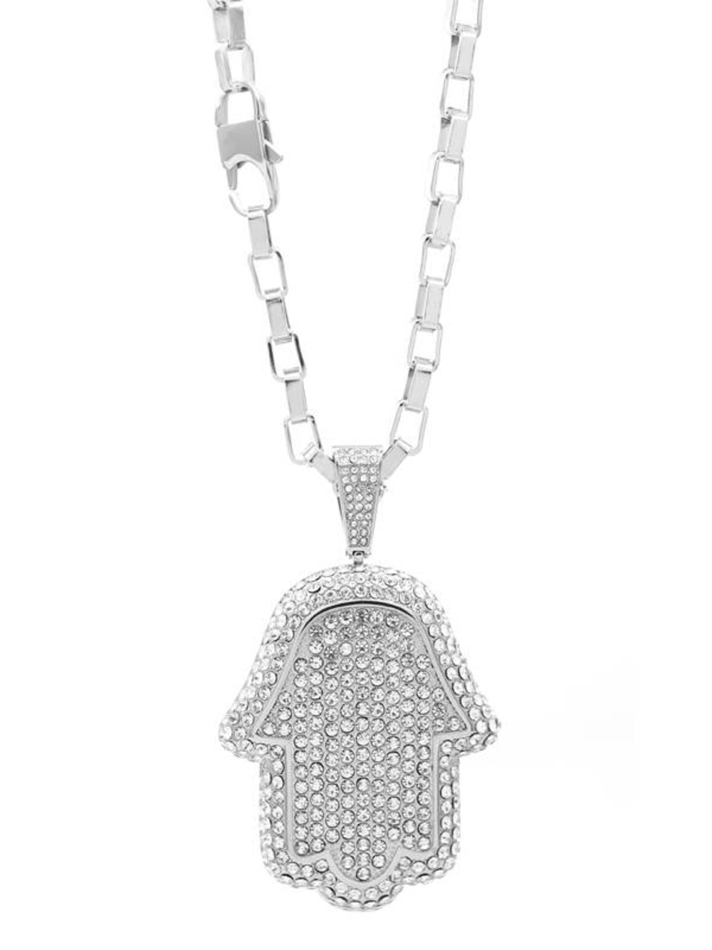 Pavé Hamsa Hand Pendant Necklace - Silver Tone